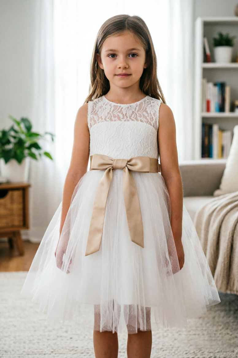 White Lace Tulle Champagne Satin Bow Sash A-Line Dress