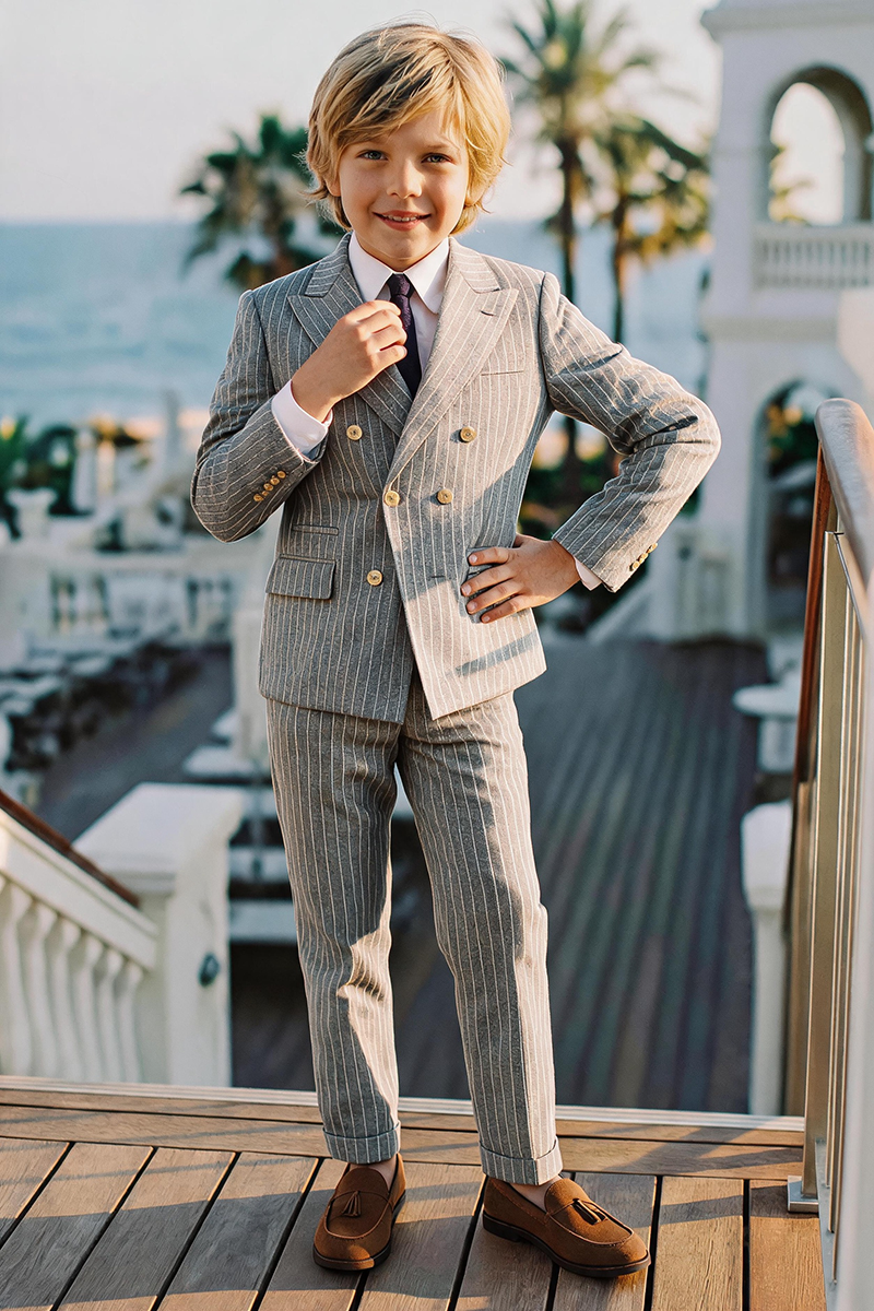 Boys Grey Chalk Stripe Double Breasted 2-Piece Suit