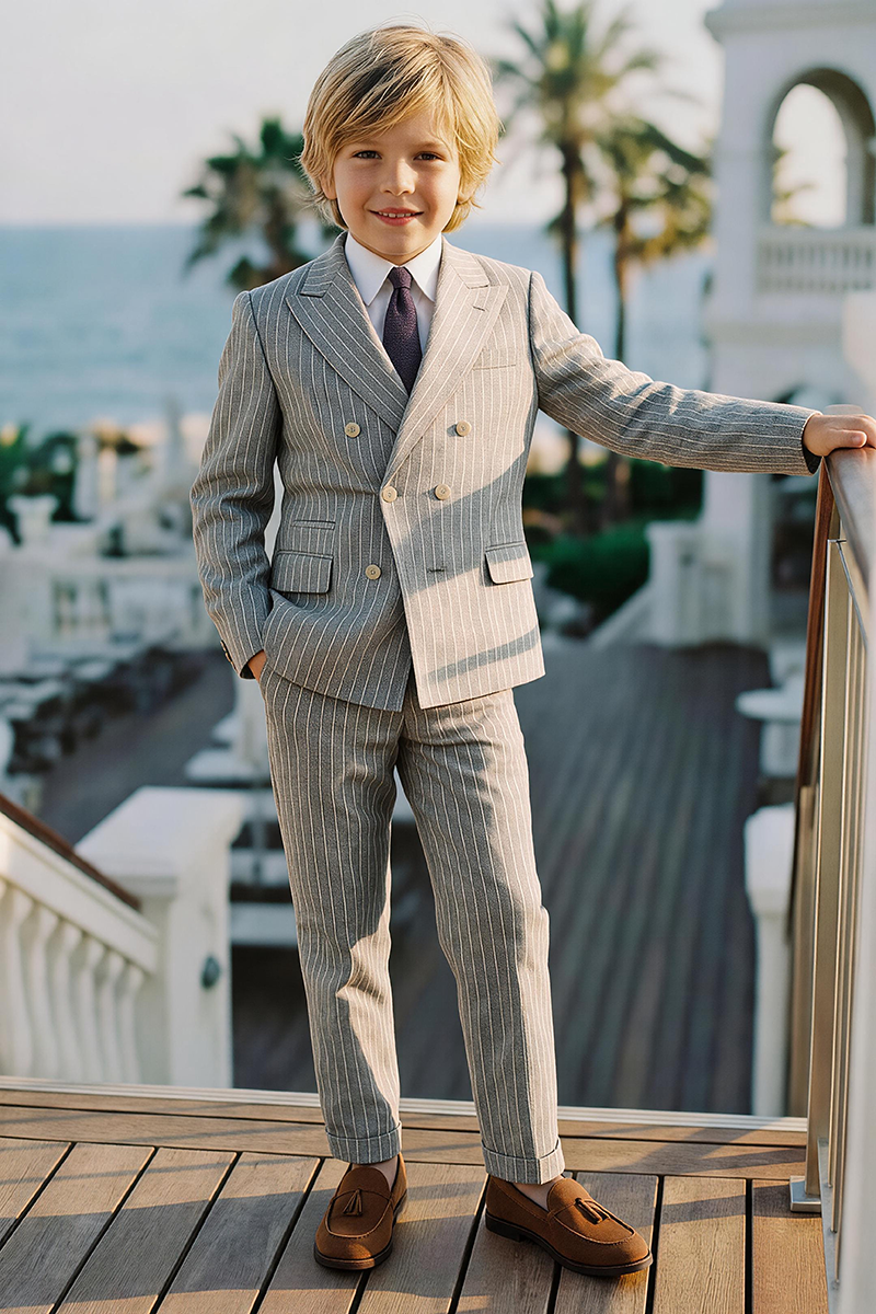 Boys Grey Chalk Stripe Double Breasted 2-Piece Suit