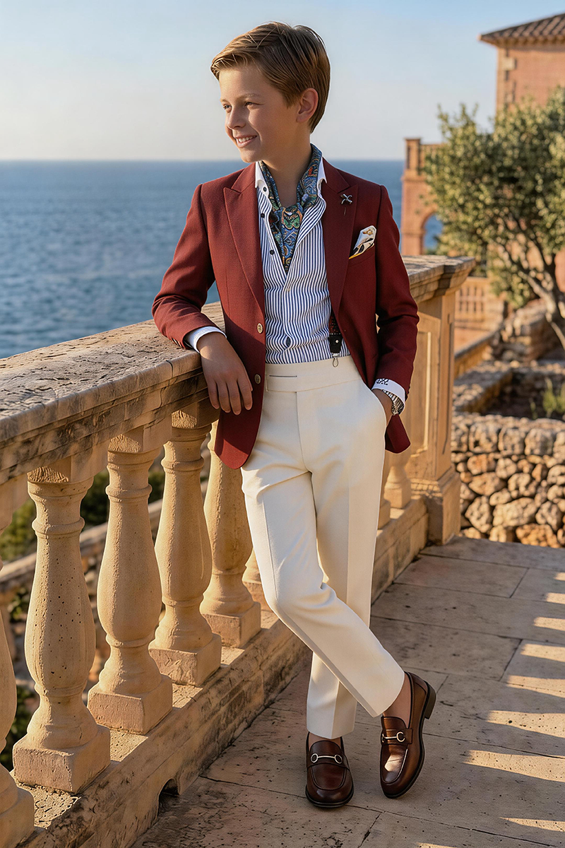 Boys Burgundy Notch Lapel Blazer with Cream Trousers 2-Piece Suit