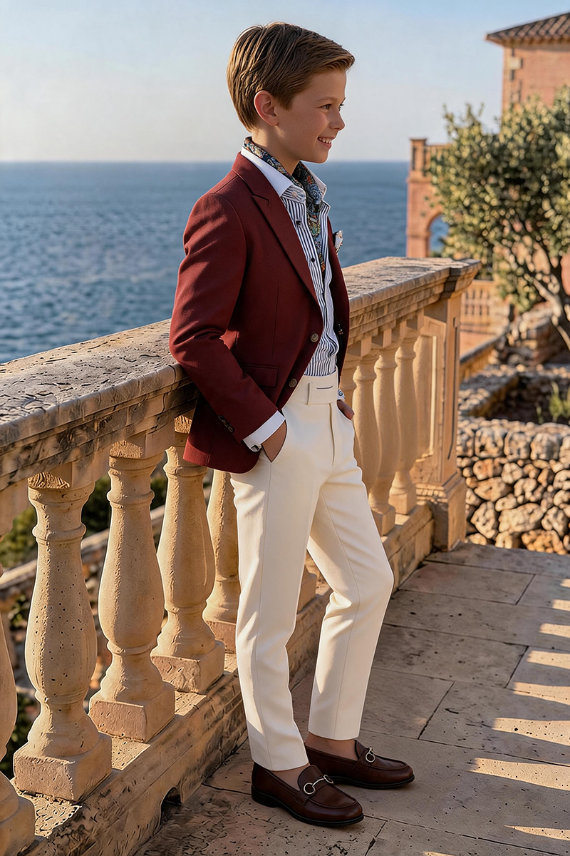 Boys Burgundy Notch Lapel Blazer with Cream Trousers 2-Piece Suit