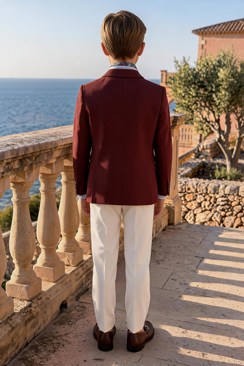 Boys Burgundy Notch Lapel Blazer with Cream Trousers 2-Piece Suit