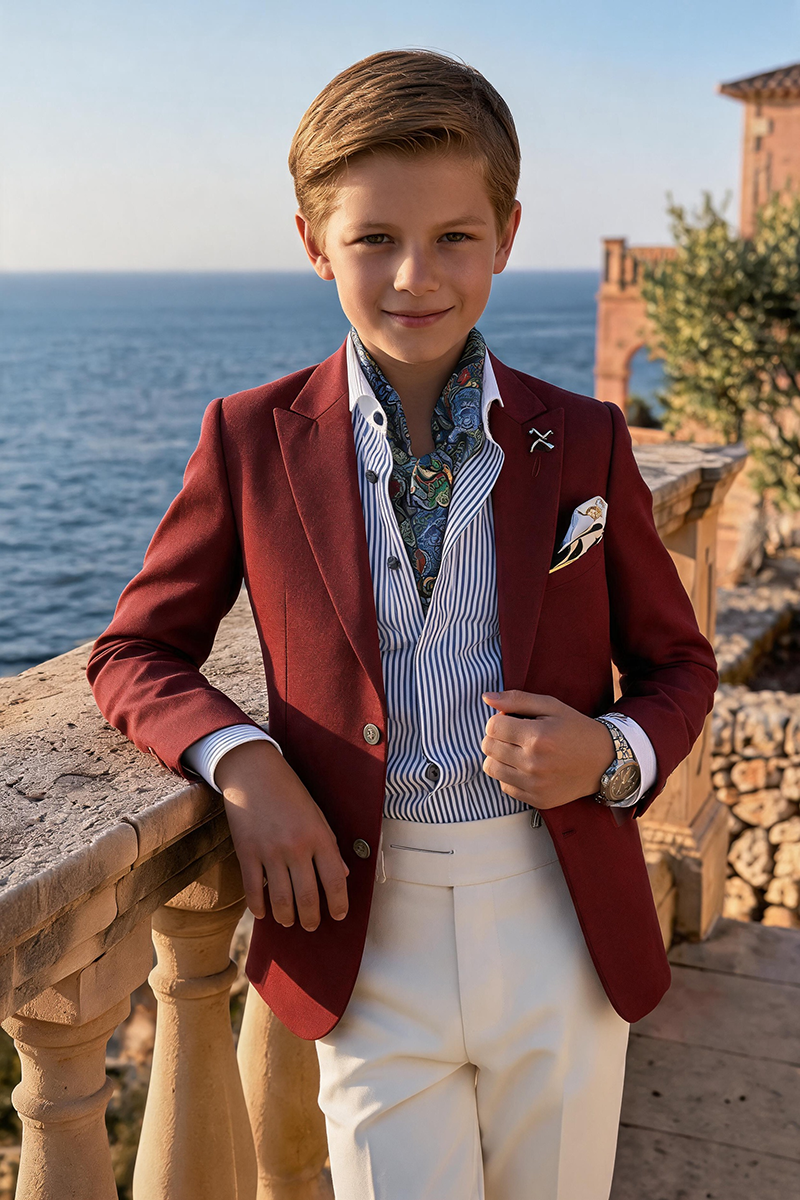 Boys Burgundy Notch Lapel Blazer with Cream Trousers 2-Piece Suit