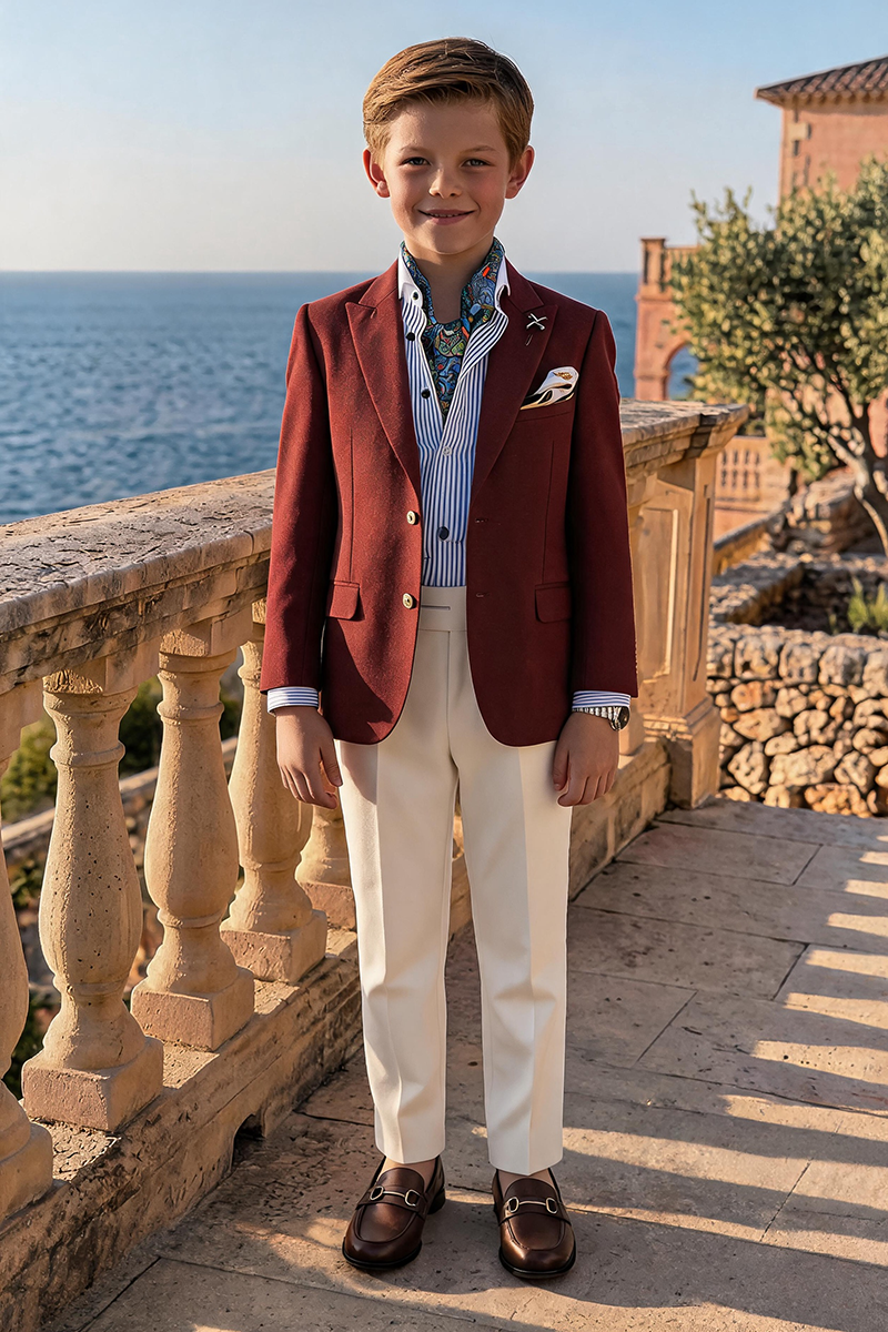 Boys Burgundy Notch Lapel Blazer with Cream Trousers 2-Piece Suit