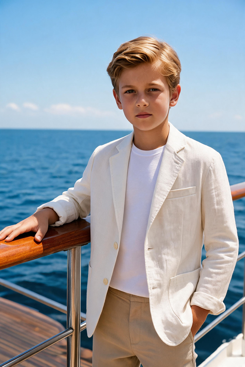 Boys Ivory Linen Notch Lapel Blazer with Khaki Trousers 2-Piece Suit