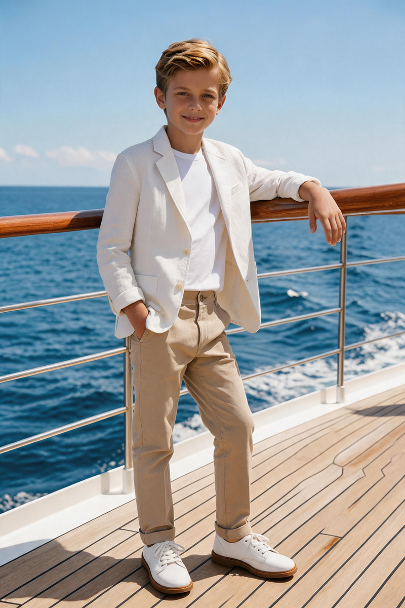 Boys Ivory Linen Notch Lapel Blazer with Khaki Trousers 2-Piece Suit