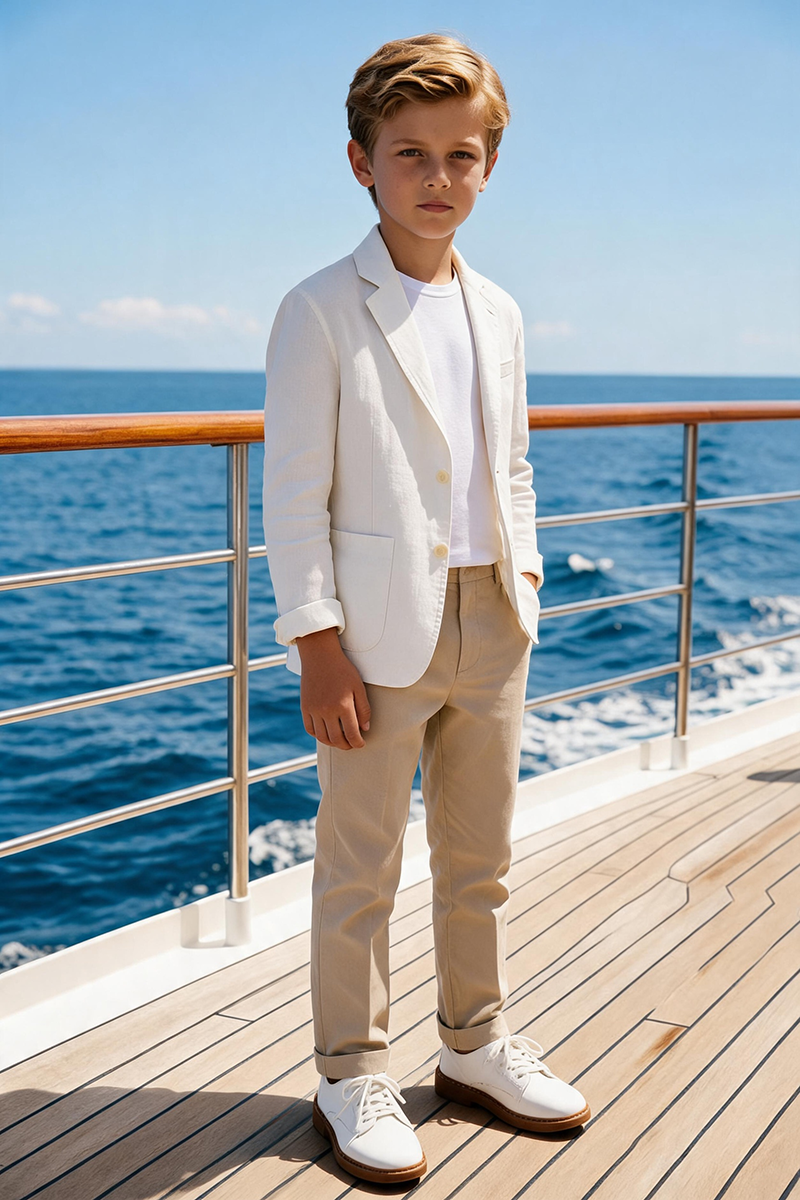 Boys Ivory Linen Notch Lapel Blazer with Khaki Trousers 2-Piece Suit
