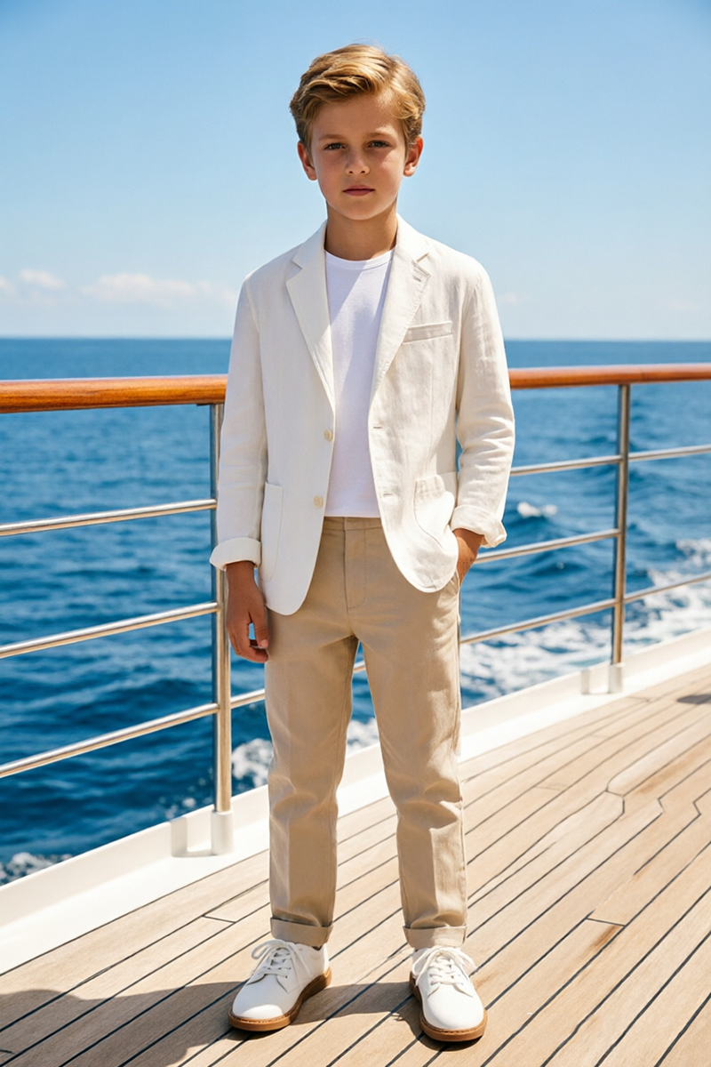 Boys Ivory Linen Notch Lapel Blazer with Khaki Trousers 2-Piece Suit