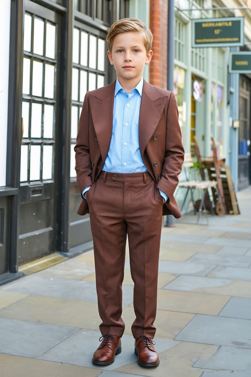 Boys Chocolate Peak Lapel Double Breasted Matching 2-Piece Suit