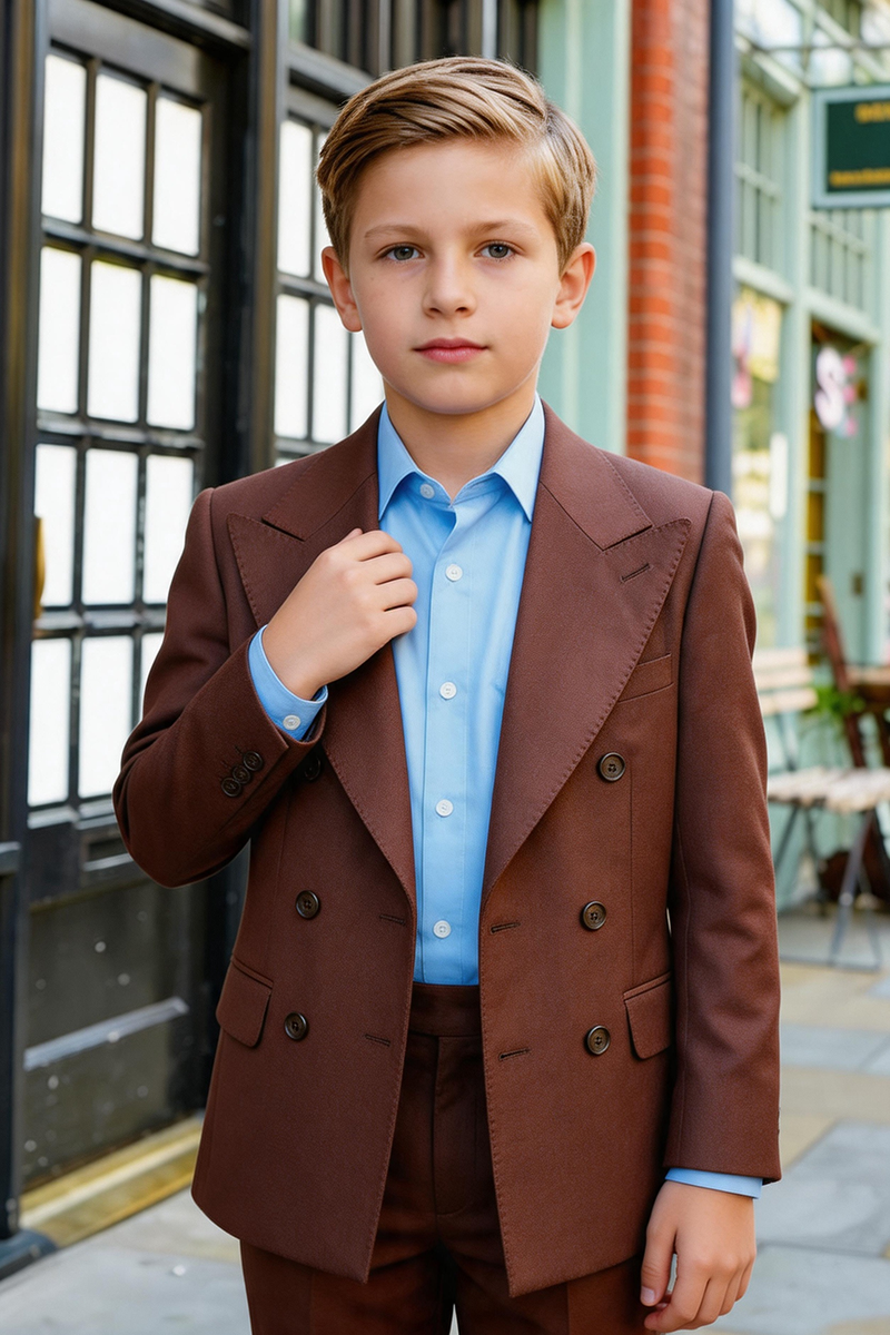 Boys Chocolate Peak Lapel Double Breasted Matching 2-Piece Suit