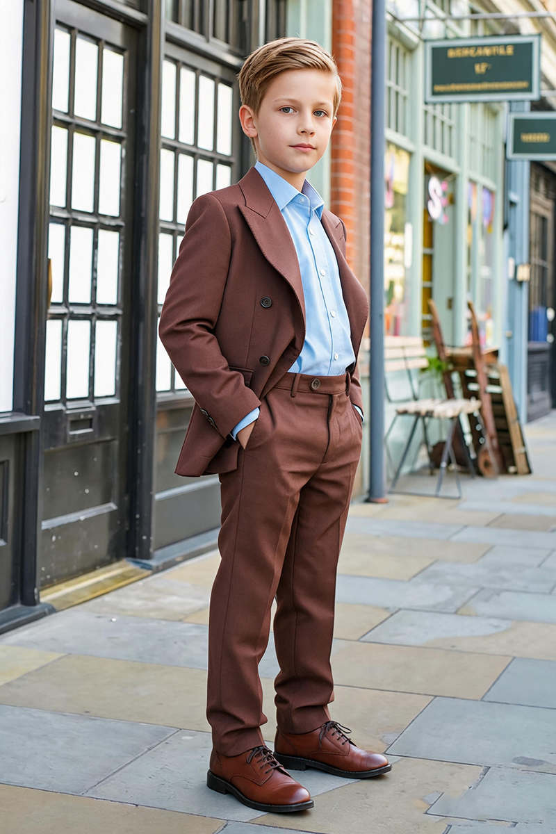 Boys Chocolate Peak Lapel Double Breasted Matching 2-Piece Suit