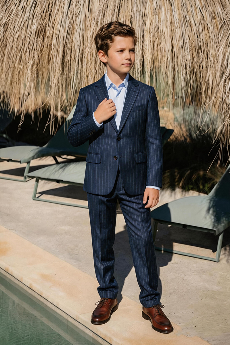 Boys Navy Pinstripe Notch Lapel Matching 2-Piece Suit