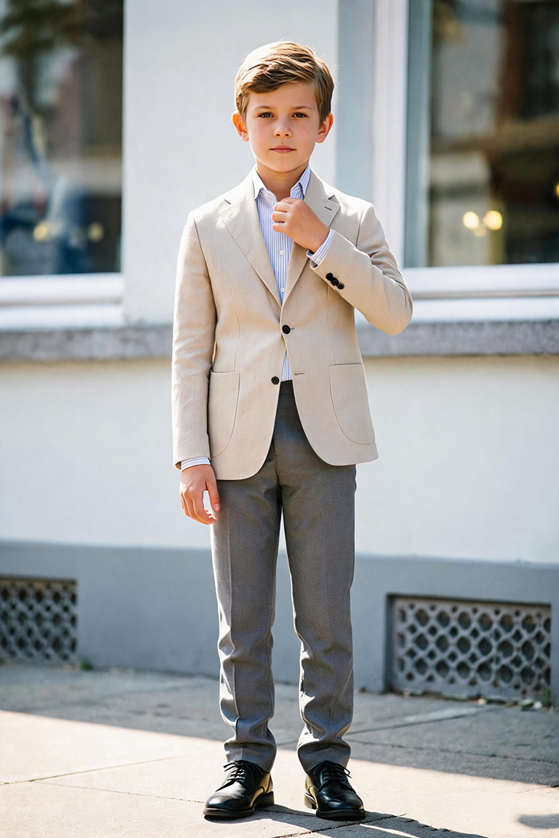 Boys Beige Notch Lapel Linen Blazer with Grey Trousers 2-Piece Suit