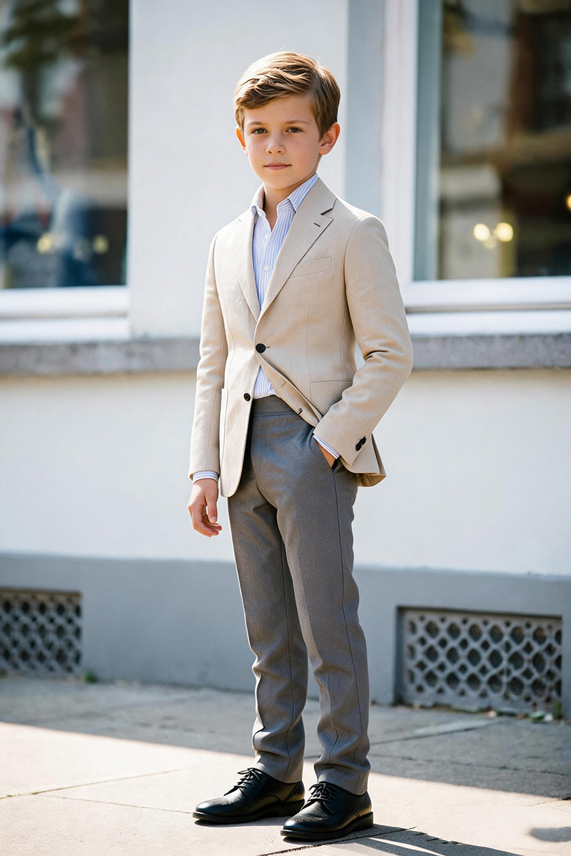 Boys Beige Notch Lapel Linen Blazer with Grey Trousers 2-Piece Suit