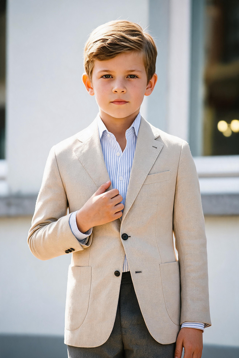 Boys Beige Notch Lapel Linen Blazer with Grey Trousers 2-Piece Suit