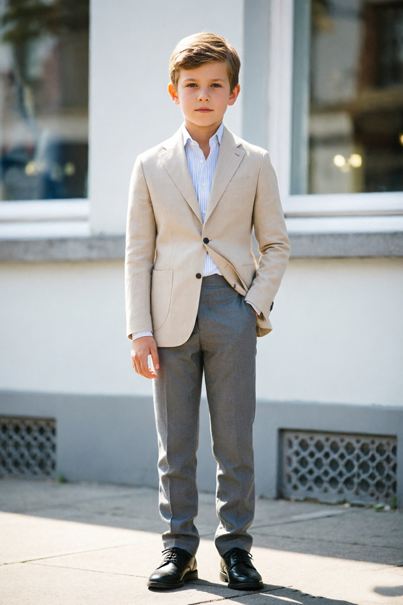 Boys Beige Notch Lapel Linen Blazer with Grey Trousers 2-Piece Suit
