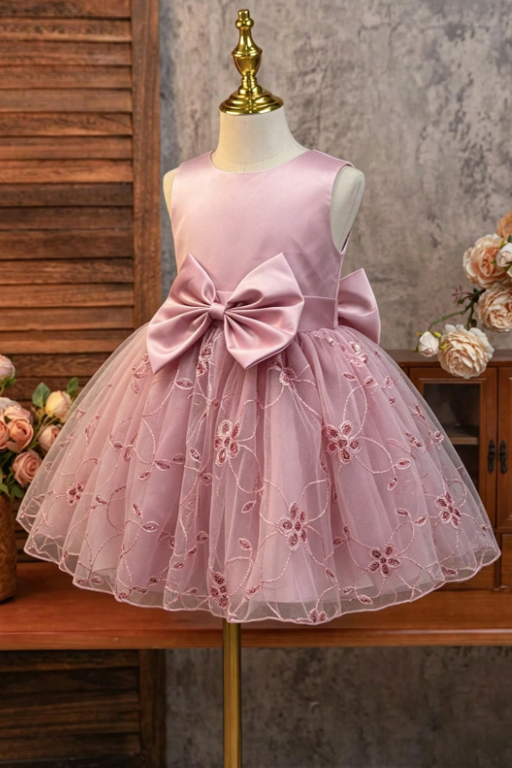 Light Pink Satin Big Bow Floral Sequin Embroidered Tulle A-Line Dress