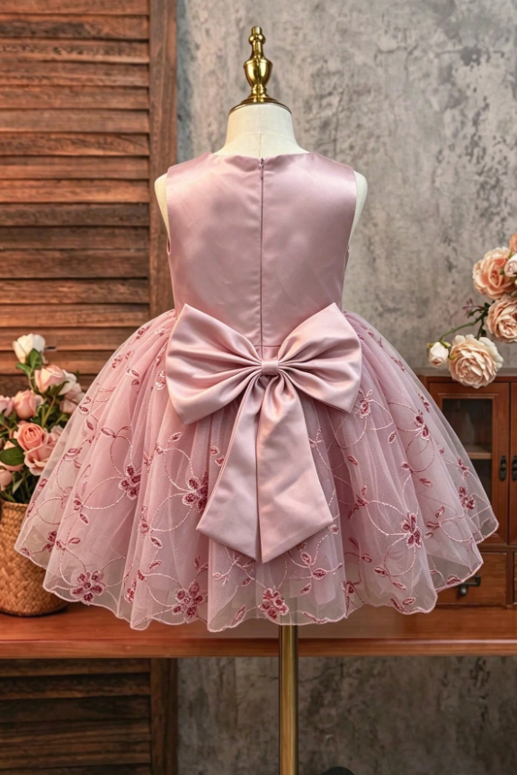 Light Pink Satin Big Bow Floral Sequin Embroidered Tulle A-Line Dress