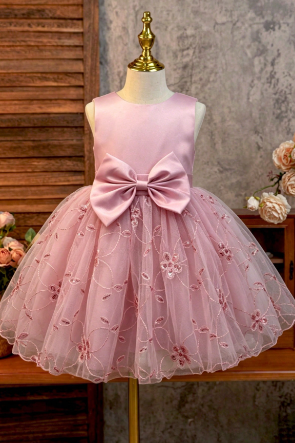 Light Pink Satin Big Bow Floral Sequin Embroidered Tulle A-Line Dress