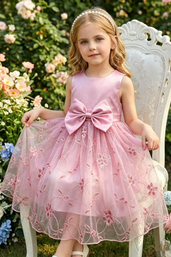 Light Pink Satin Big Bow Floral Sequin Embroidered Tulle A-Line Dress