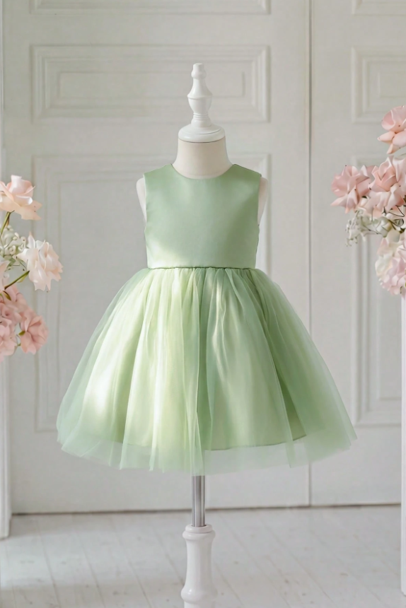 Sage Green Satin Large Back Bow 3D Rose V-Back Tulle A-Line Girls Formal Dress
