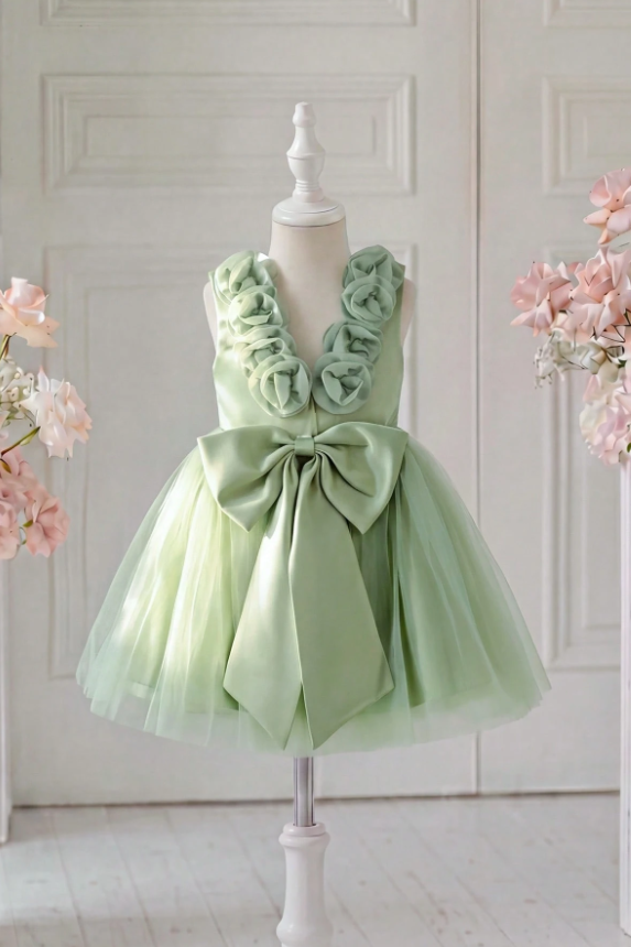 Sage Green Satin Large Back Bow 3D Rose V-Back Tulle A-Line Girls Formal Dress