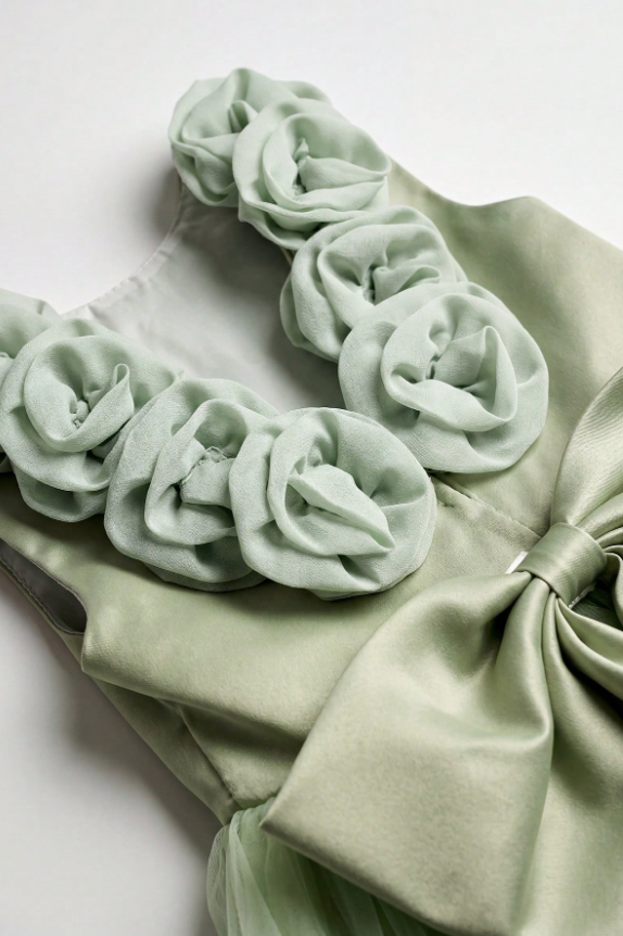 Sage Green Satin Large Back Bow 3D Rose V-Back Tulle A-Line Girls Formal Dress