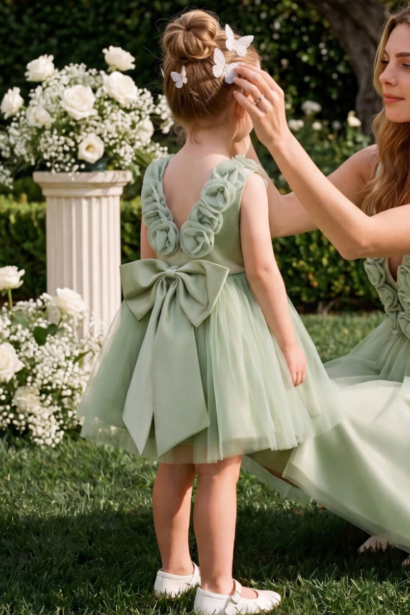 Sage Green Satin Large Back Bow 3D Rose V-Back Tulle A-Line Girls Formal Dress