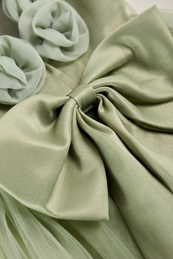 Sage Green Satin Large Back Bow 3D Rose V-Back Tulle A-Line Girls Formal Dress
