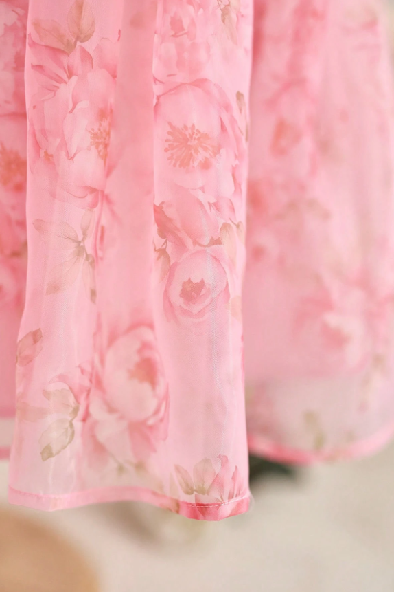 Light Pink Floral Print Chiffon Puff Sleeve Big Back Bow A-Line Dress