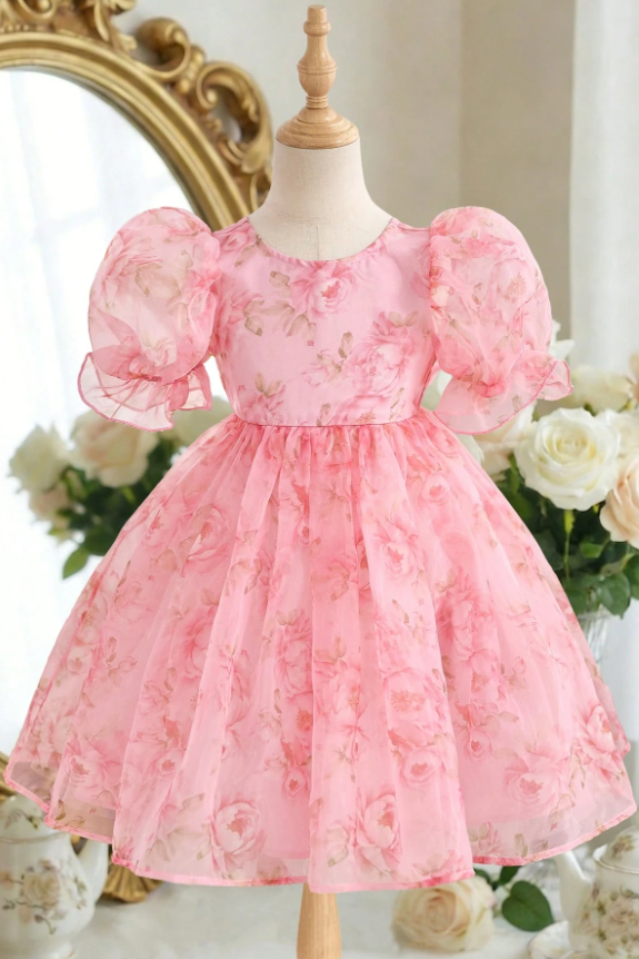 Light Pink Floral Print Chiffon Puff Sleeve Big Back Bow A-Line Dress