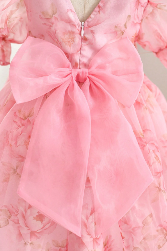 Light Pink Floral Print Chiffon Puff Sleeve Big Back Bow A-Line Dress