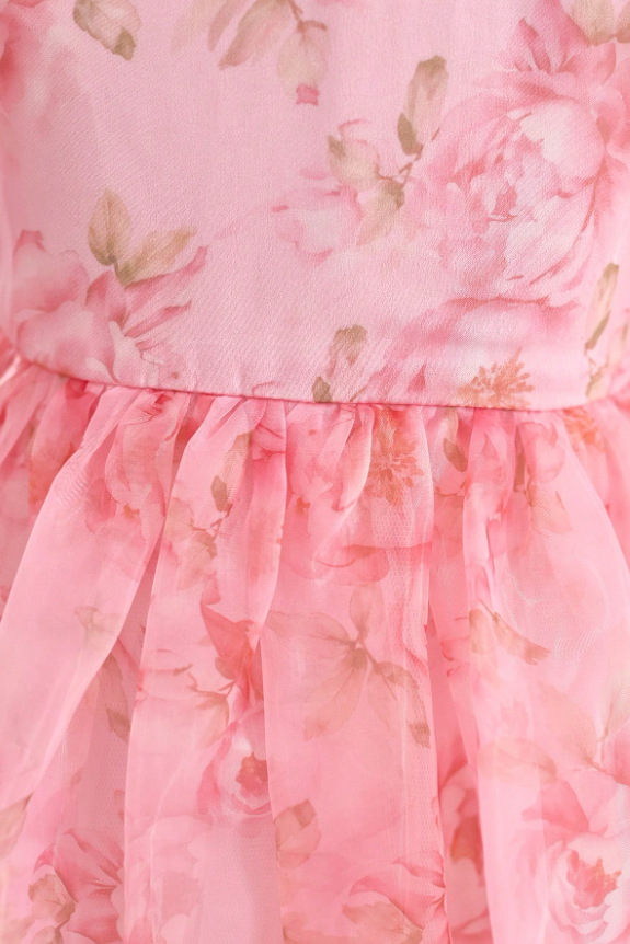 Light Pink Floral Print Chiffon Puff Sleeve Big Back Bow A-Line Dress