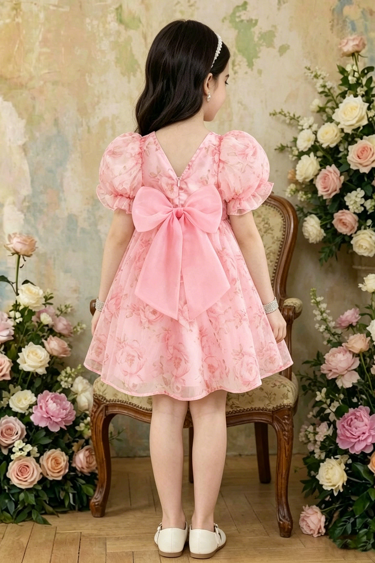 Light Pink Floral Print Chiffon Puff Sleeve Big Back Bow A-Line Dress
