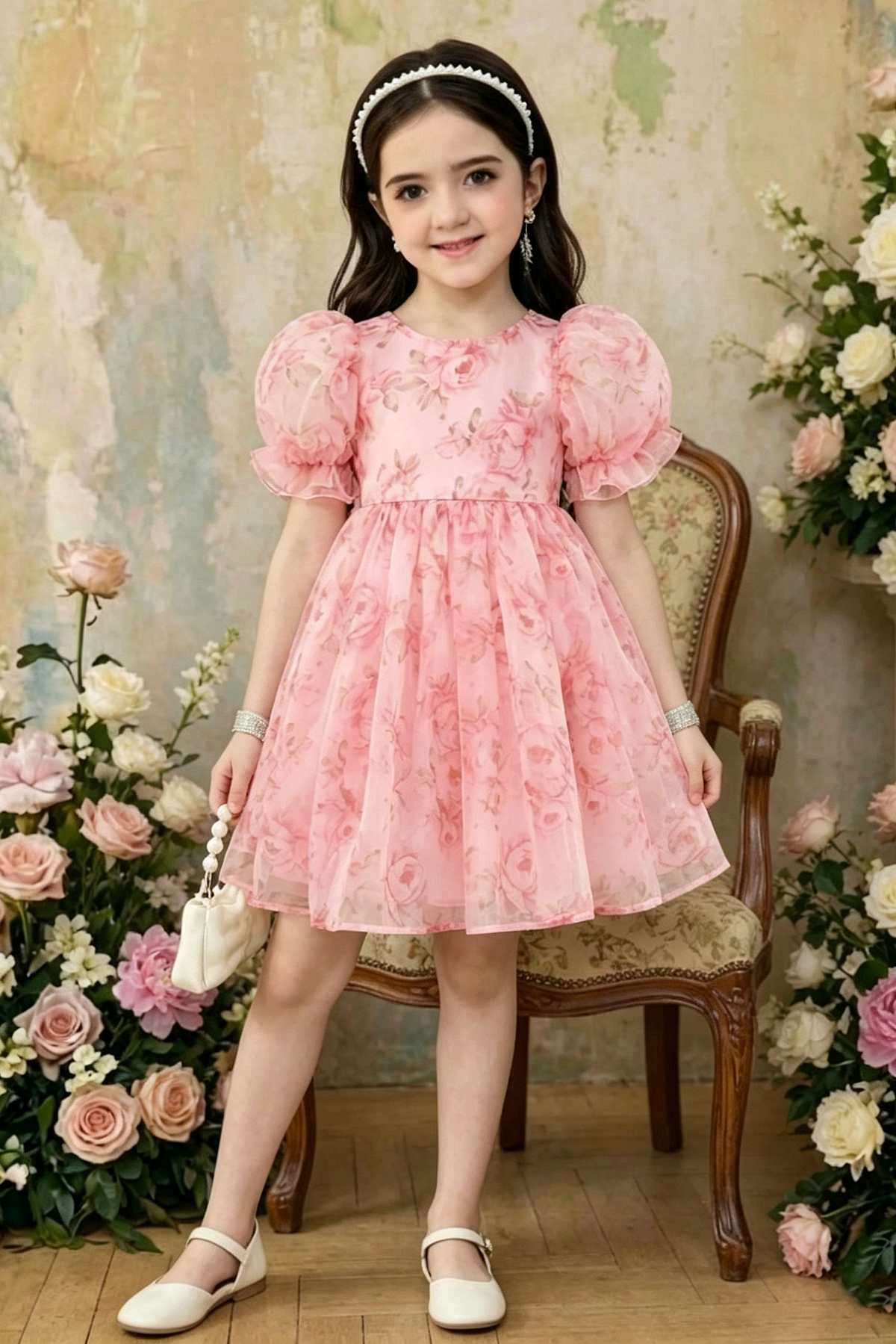 Light Pink Floral Print Chiffon Puff Sleeve Big Back Bow A-Line Dress