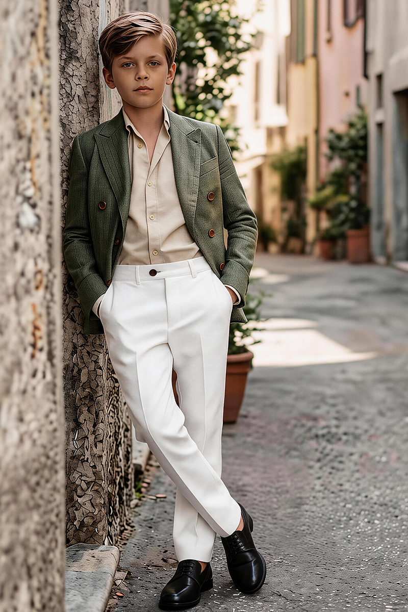Boys Olive Linen Double Breast 2-Piece Suit for Summer Wedding