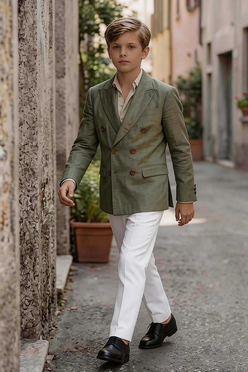 Boys Olive Linen Double Breast 2-Piece Suit for Summer Wedding