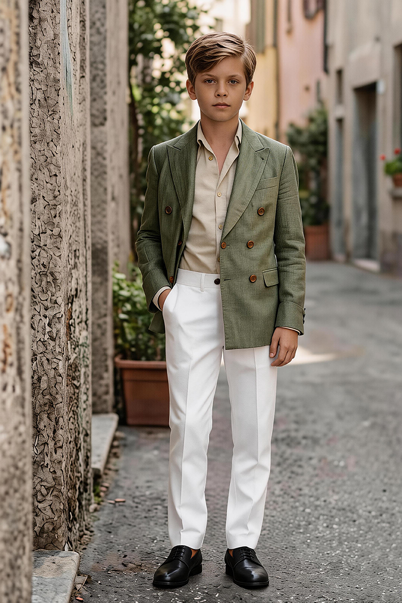 Boys Olive Linen Double Breast 2-Piece Suit for Summer Wedding
