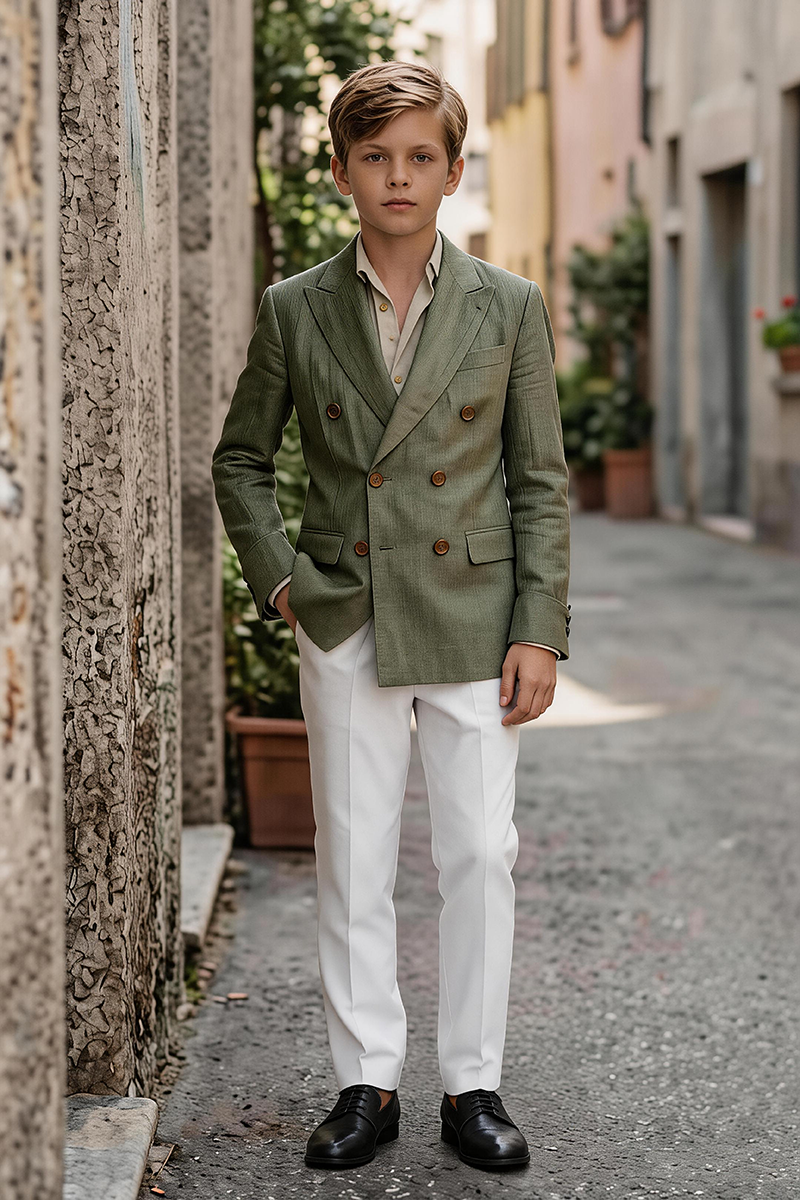 Boys Olive Linen Double Breast 2-Piece Suit for Summer Wedding