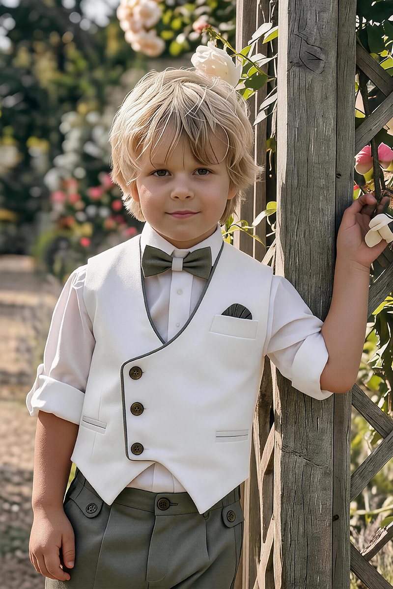 Boys White Trimmed Waistcoat & Olive Cuffed Trousers 2-Piece Suit