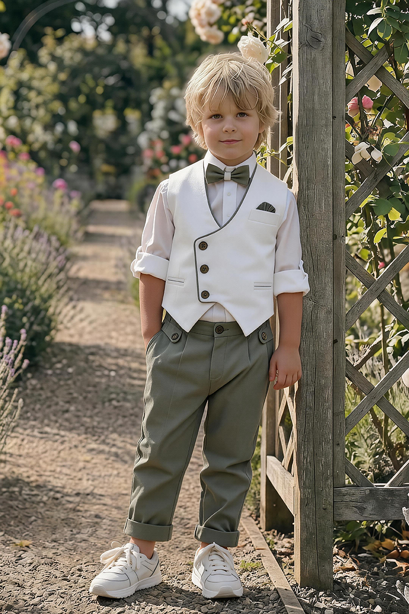 Boys White Trimmed Waistcoat & Olive Cuffed Trousers 2-Piece Suit