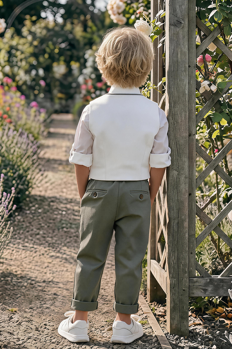 Boys White Trimmed Waistcoat & Olive Cuffed Trousers 2-Piece Suit