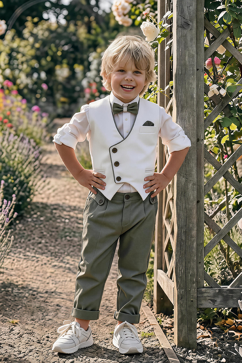 Boys White Trimmed Waistcoat & Olive Cuffed Trousers 2-Piece Suit
