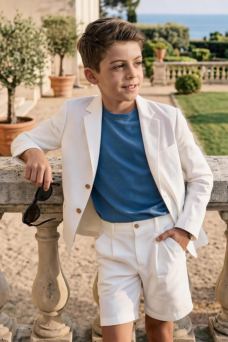 Boys White Notch Lapel Blazer & Matching Tailored Shorts 2-piece Suit