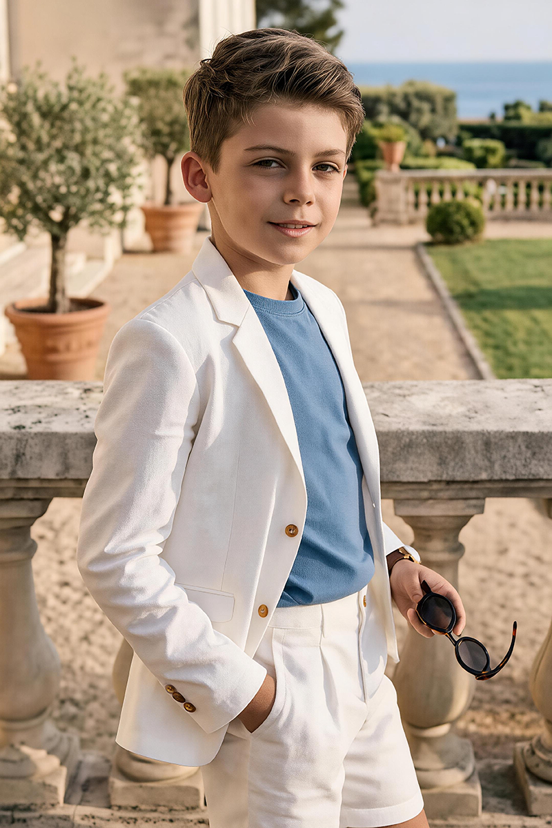Boys White Notch Lapel Blazer & Matching Tailored Shorts 2-piece Suit