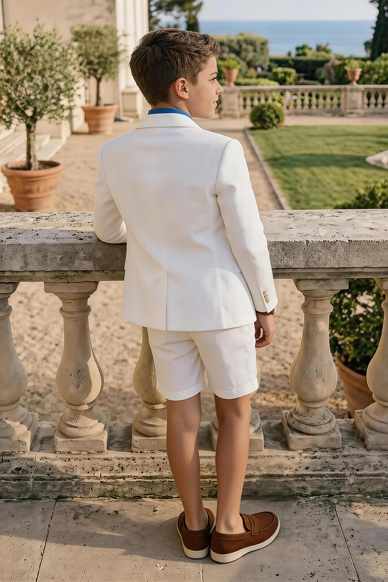 Boys White Notch Lapel Blazer & Matching Tailored Shorts 2-piece Suit