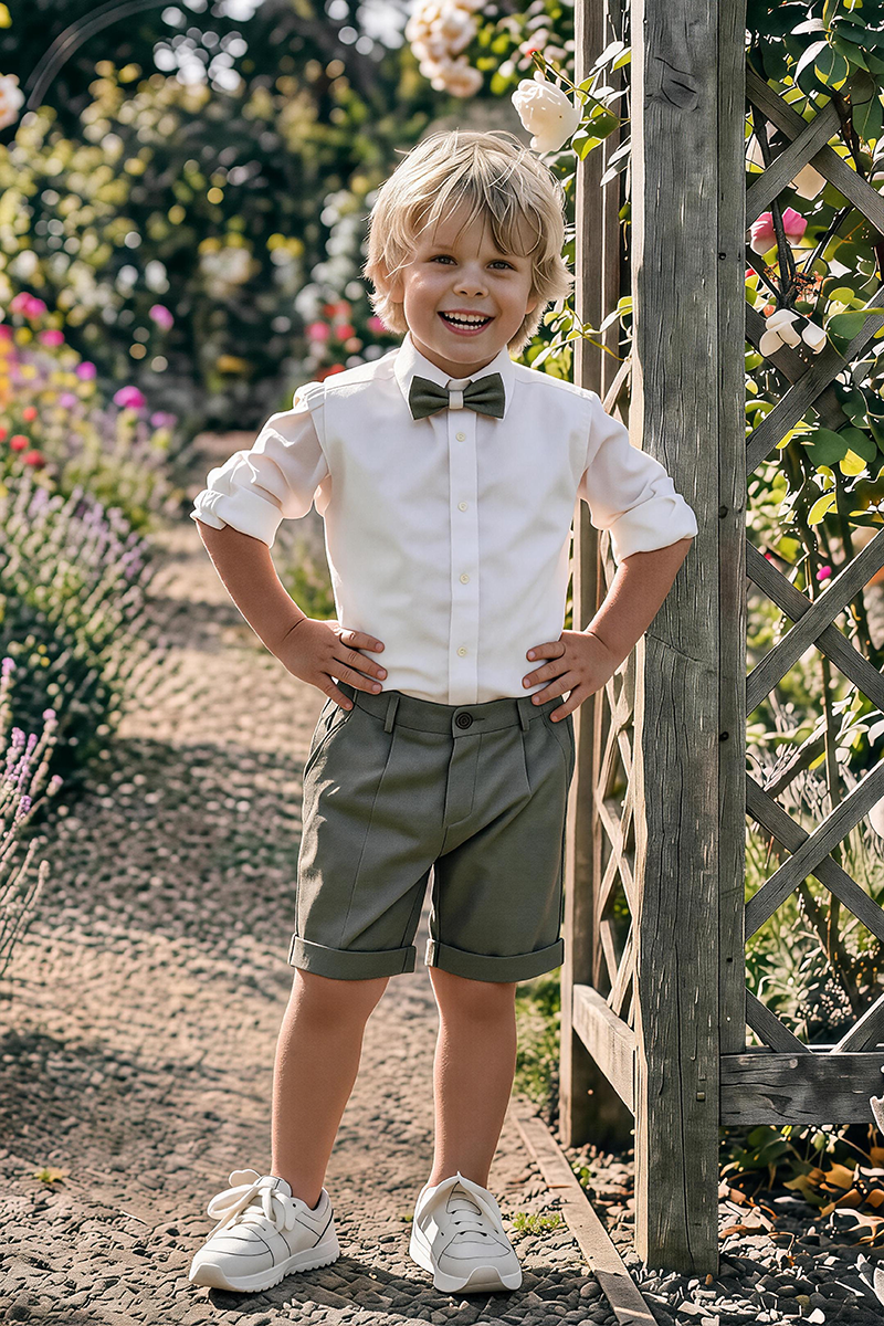 Boys White Rolled Sleeve Shirt & Sage Cuffed Shorts 2-Piece Set