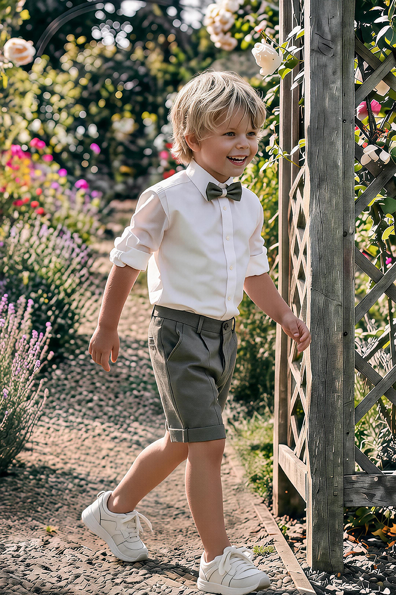 Boys White Rolled Sleeve Shirt & Sage Cuffed Shorts 2-Piece Set