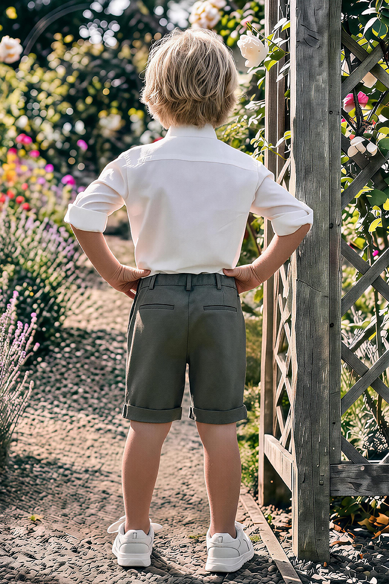 Boys White Rolled Sleeve Shirt & Sage Cuffed Shorts 2-Piece Set