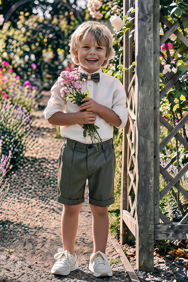 Boys White Rolled Sleeve Shirt & Sage Cuffed Shorts 2-Piece Set